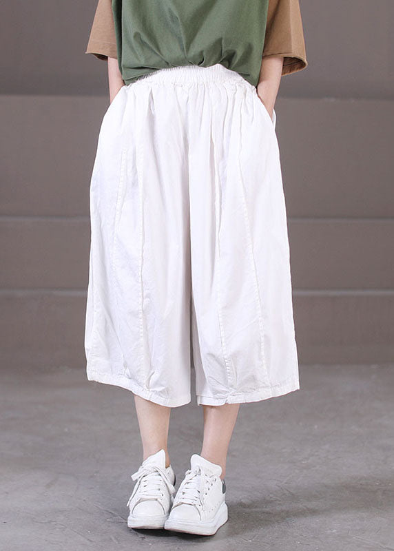 Solid White Cotton Wide Leg Pants Elastic Waist Wrinkled Summer