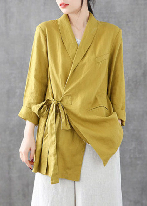 Solid Yellow Linen Coats Notched Collar Tie Waist Long Sleeve