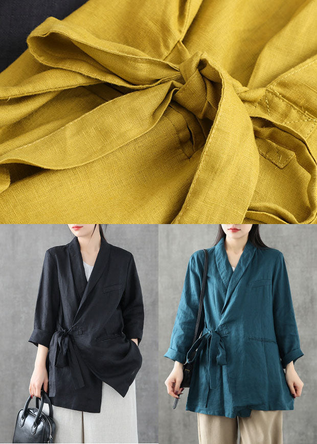 Solid Yellow Linen Coats Notched Collar Tie Waist Long Sleeve