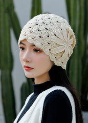 Spring And Autumn Retro Handmade Beige Hook Flower Hollow Knitted Hat