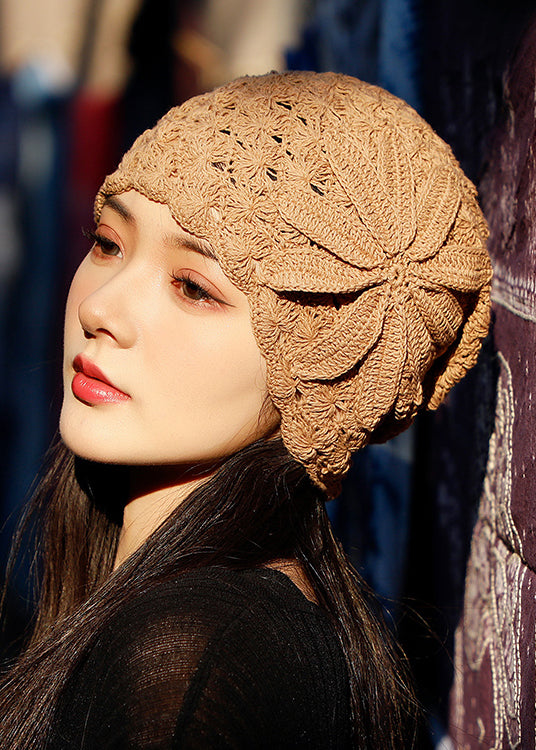 Spring And Autumn Retro Handmade Beige Hook Flower Hollow Knitted Hat