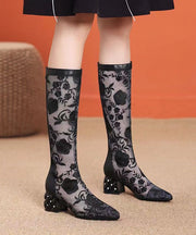 Spring Summer High Tube Embroidered Mesh Chunky Heel Boots