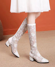 Spring Summer High Tube Embroidered Mesh Chunky Heel Boots
