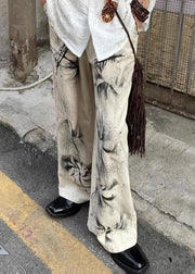 Streetwear Beige Pockets Tie Dye Denim Men Pants Fall