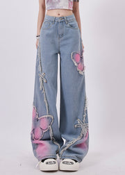 Streetwear Blue Butterfly Patch Tassel Denim Straight Pants Spring