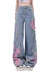 Streetwear Blue Butterfly Patch Tassel Denim Straight Pants Spring