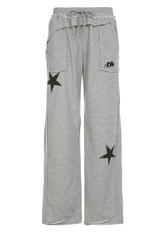 Streetwear Grey Five Pointed Star Print Cotton Straight Pants Spring