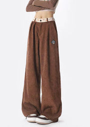 Streetwear Style Brown Pockets Corduroy Wide Leg Pants Spring