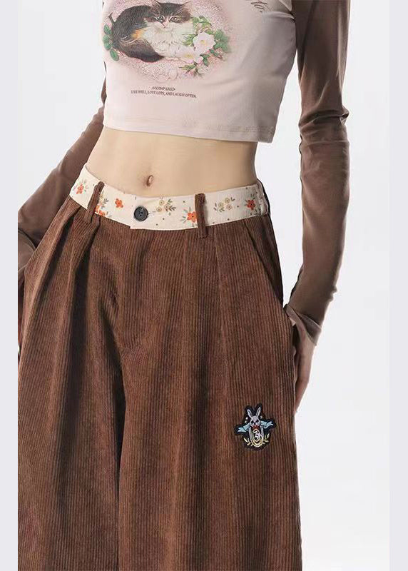 Streetwear Style Brown Pockets Corduroy Wide Leg Pants Spring