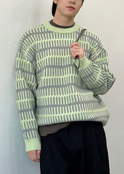 Striped Green O Neck Cozy Knit Men Sweaters Spring