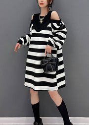 Striped O-Neck Fake Two Pieces Knit Mid Dresses Winter