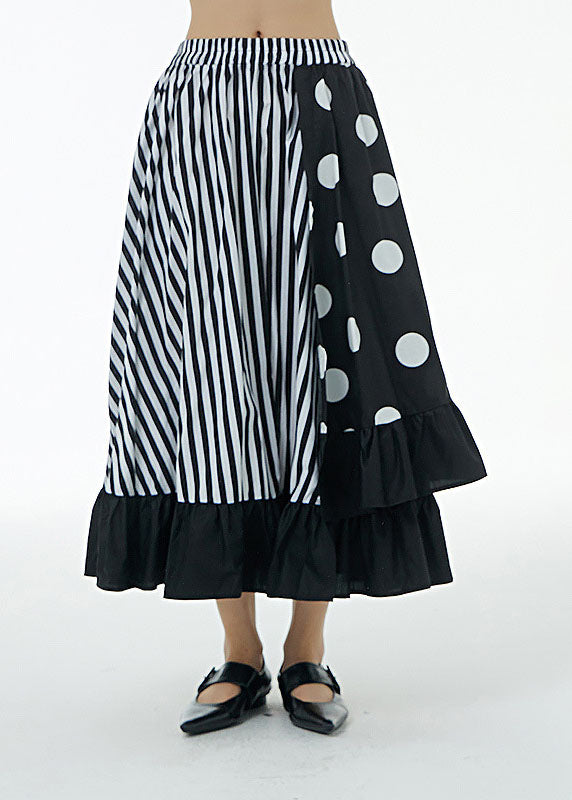 Striped Patchwork Cotton Skirt Ruffled Elastic Waist Summer