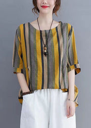 Striped Patchwork Linen T Shirt Tops O Neck Short Sleeve