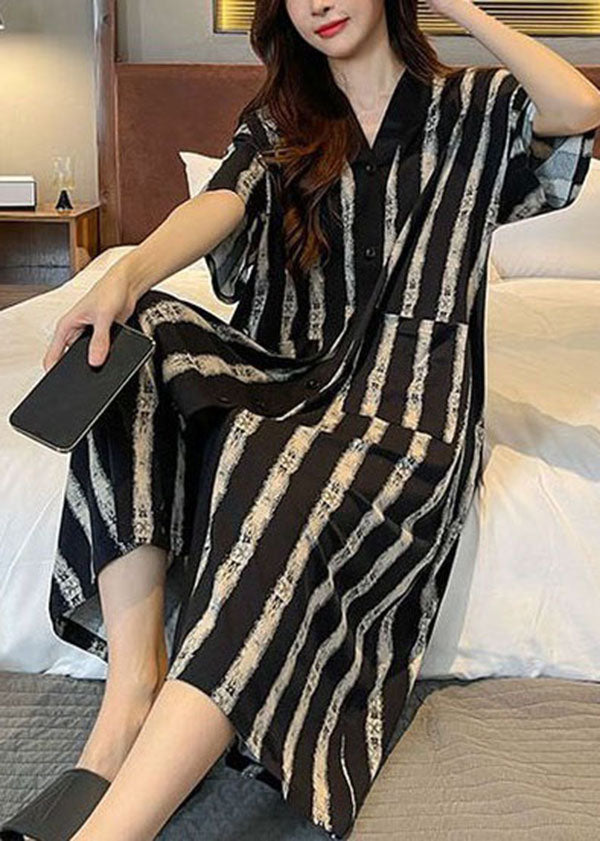 Striped Pockets Patchwork Cotton Pajamas Dress V Neck Summer