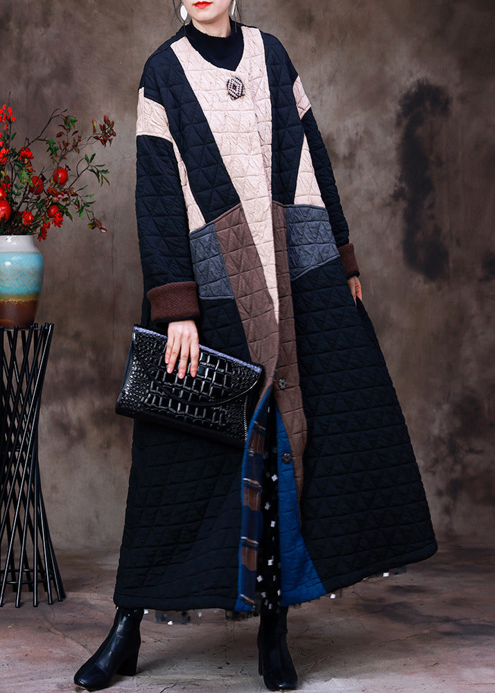 Style Apricot Black Colour Patchwork O-Neck Cotton Thick Long Coat Long Sleeve