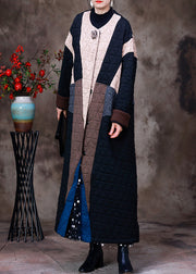 Style Apricot Black Colour Patchwork O-Neck Cotton Thick Long Coat Long Sleeve