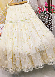 Style Apricot Embroideried Patchwork Lace Hollow Out Cotton Skirt Summer