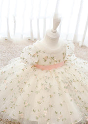 Style Apricot Embroideried Patchwork Tulle Girls Maxi Dress Puff Sleeve