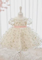 Style Apricot Embroideried Patchwork Tulle Girls Maxi Dress Puff Sleeve