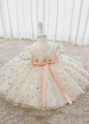 Style Apricot Embroideried Patchwork Tulle Girls Maxi Dress Puff Sleeve