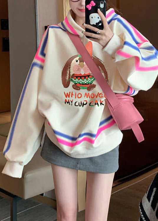 Style Apricot Hooded Cartoon Print Cotton Pullover Streetwear Spring