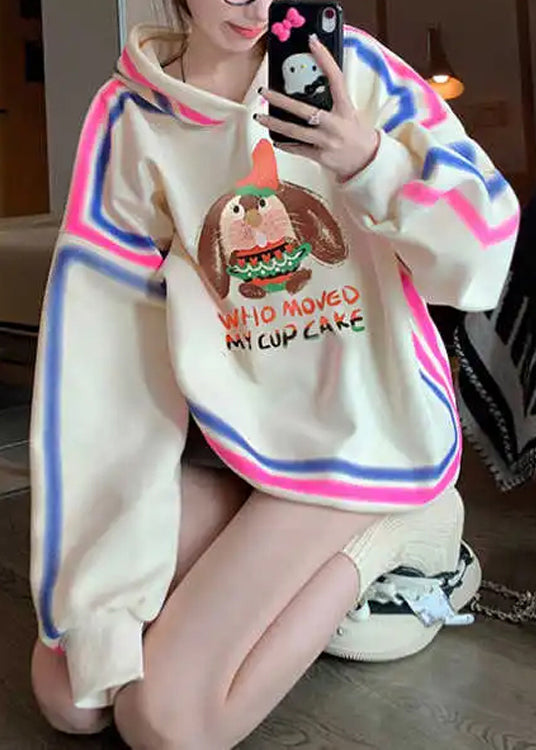 Style Apricot Hooded Cartoon Print Cotton Pullover Streetwear Spring