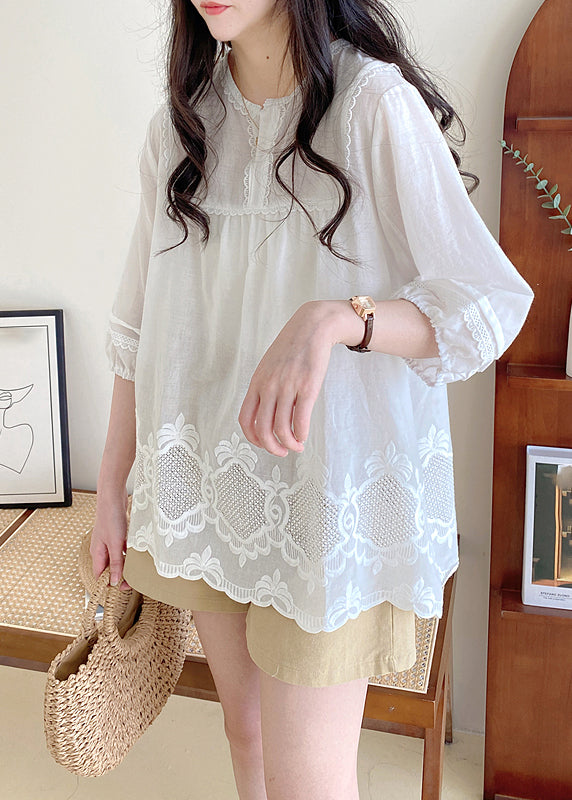 Style Apricot O-Neck Lace Patchwork Hollow Out Shirt Half Sleeve