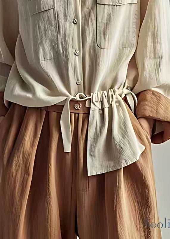 Style Apricot Peter Pan Collar Wrinkled Drawstring Shirt Fall