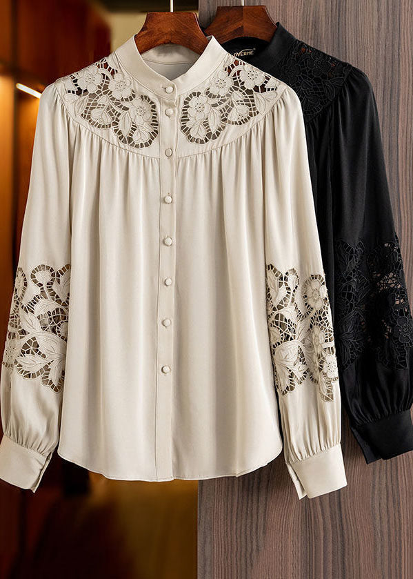 Style Apricot Stand Collar Embroideried Hollow Out Chiffon Shirt Long Sleeve