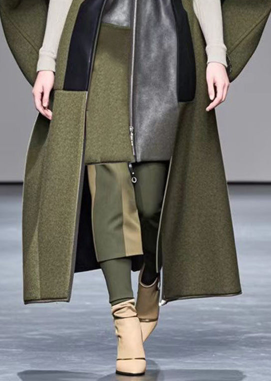 Style Army Green Oversized Patchwork Woolen Coat Outwear Fall