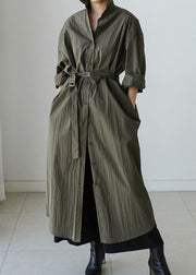 Style Army Green Peter Pan Collar Cotton Tie Waist Long Trench Coat Spring