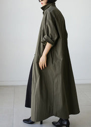 Style Army Green Peter Pan Collar Cotton Tie Waist Long Trench Coat Spring