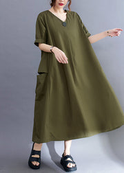 Style Army Green V Neck Pockets Cotton Long Dresses Summer