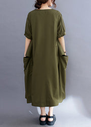 Style Army Green V Neck Pockets Cotton Long Dresses Summer