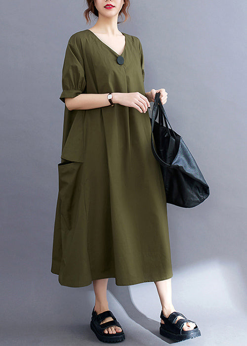 Style Army Green V Neck Pockets Cotton Maxi Dress Summer