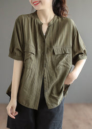 Style Army Green V Neck Solid Wrinkled Button Cotton Shirt Tops Short Sleeve