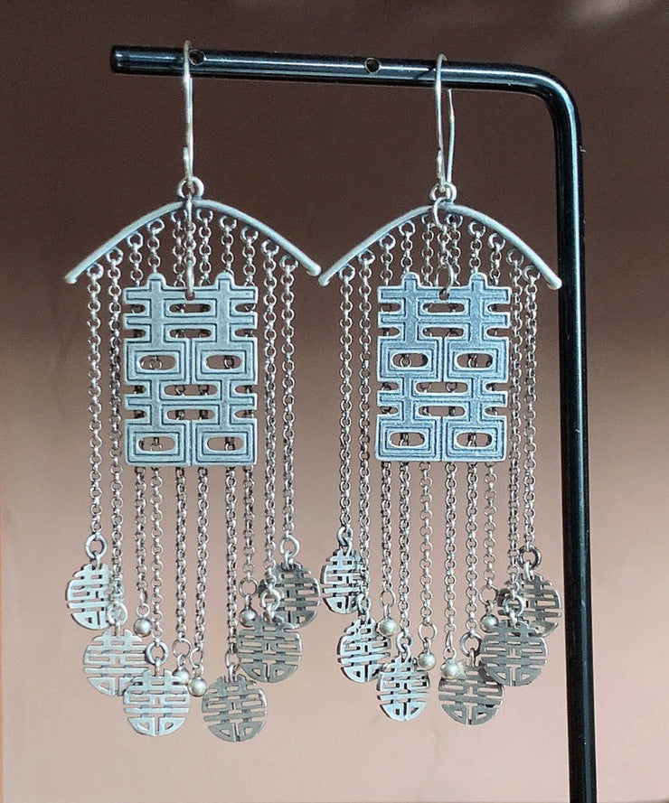 Style Baby Blue Silver Happy Word Tassel Drop Earrings