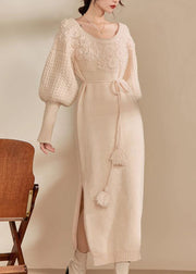 Style Beige Cold Shoulder Tie Waist Cotton Knit Long Dress Winter