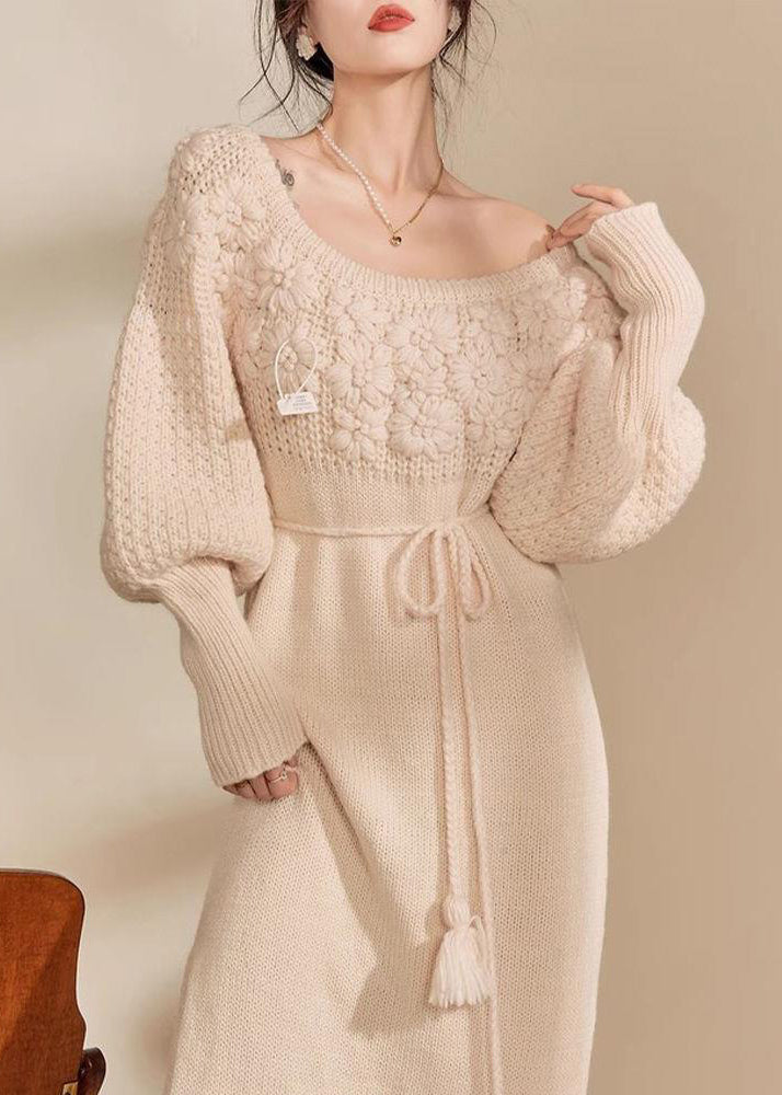 Style Beige Cold Shoulder Tie Waist Cotton Knit Long Dress Winter