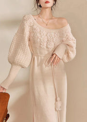 Style Beige Cold Shoulder Tie Waist Cotton Knit Long Dress Winter