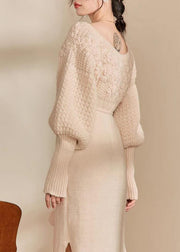 Style Beige Cold Shoulder Tie Waist Cotton Knit Long Dress Winter