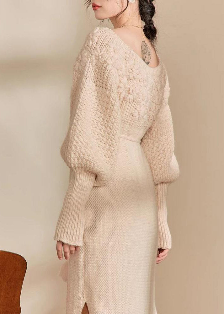 Style Beige Cold Shoulder Tie Waist Cotton Knit Long Dress Winter