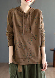 Style Beige Hooded Print Knit Sweatshirts Top Winter