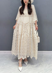 Style Beige O Neck Hollow Out Patchwork Lace Dress Summer