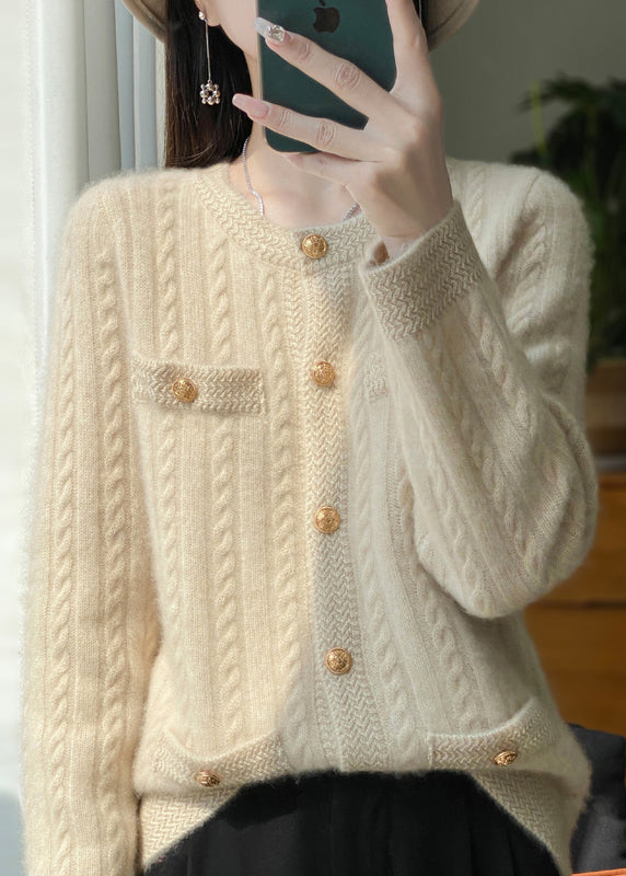 Style Beige O Neck Pockets Button Woolen Cardigans Spring