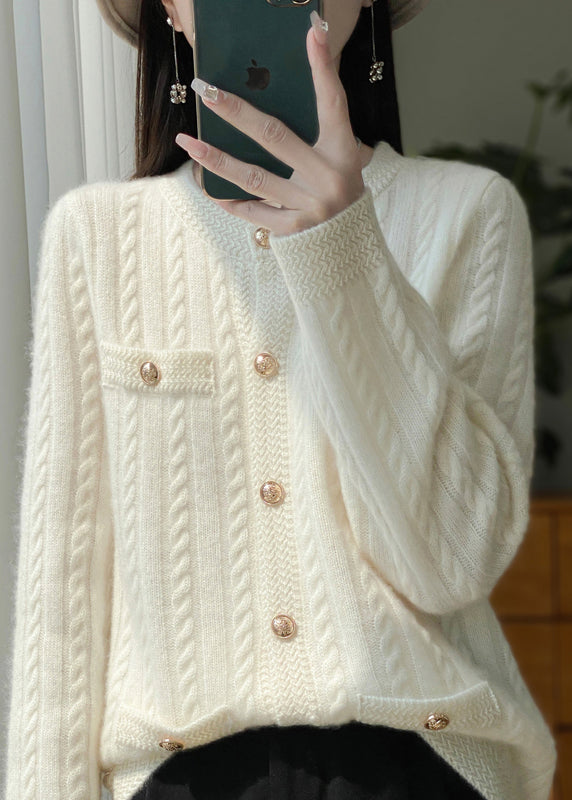 Style Beige O Neck Pockets Button Woolen Cardigans Spring