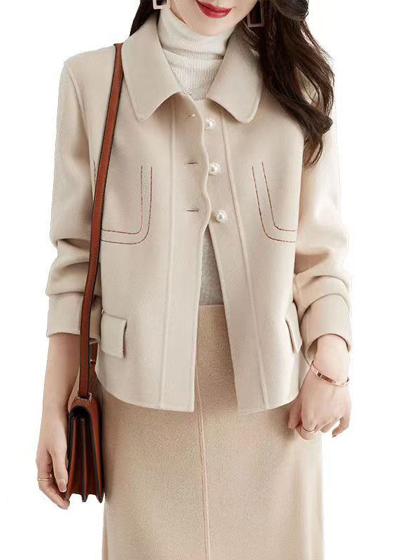 Style Beige Peter Pan Collar Patchwork Woolen Jacket Fall