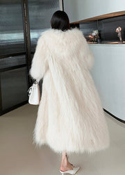 Style Beige Pockets Patchwork Hooded Fuzzy Fur Fluffy Coat Winter