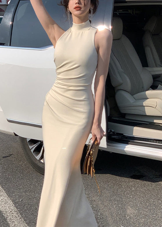 Style Beige Turtleneck Solid Slim Maxi Dress Summer