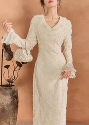 Style Beige V Neck Patchwork Lace Long Dress Spring